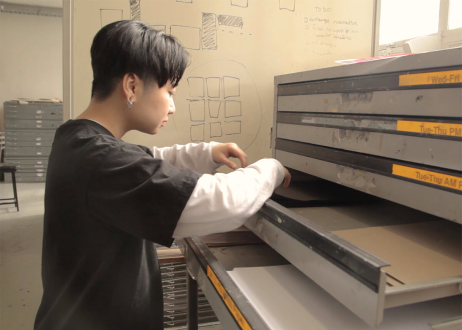 Rosamund, an international student, in the print studio Rosamund Chen, an international VCD student from Singapore